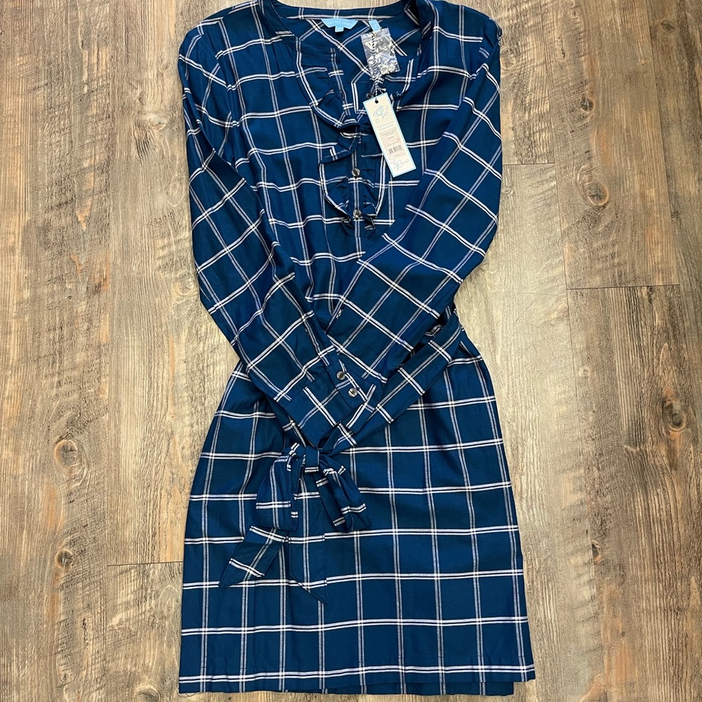 Windowpane Ruffle Shirt Dress
